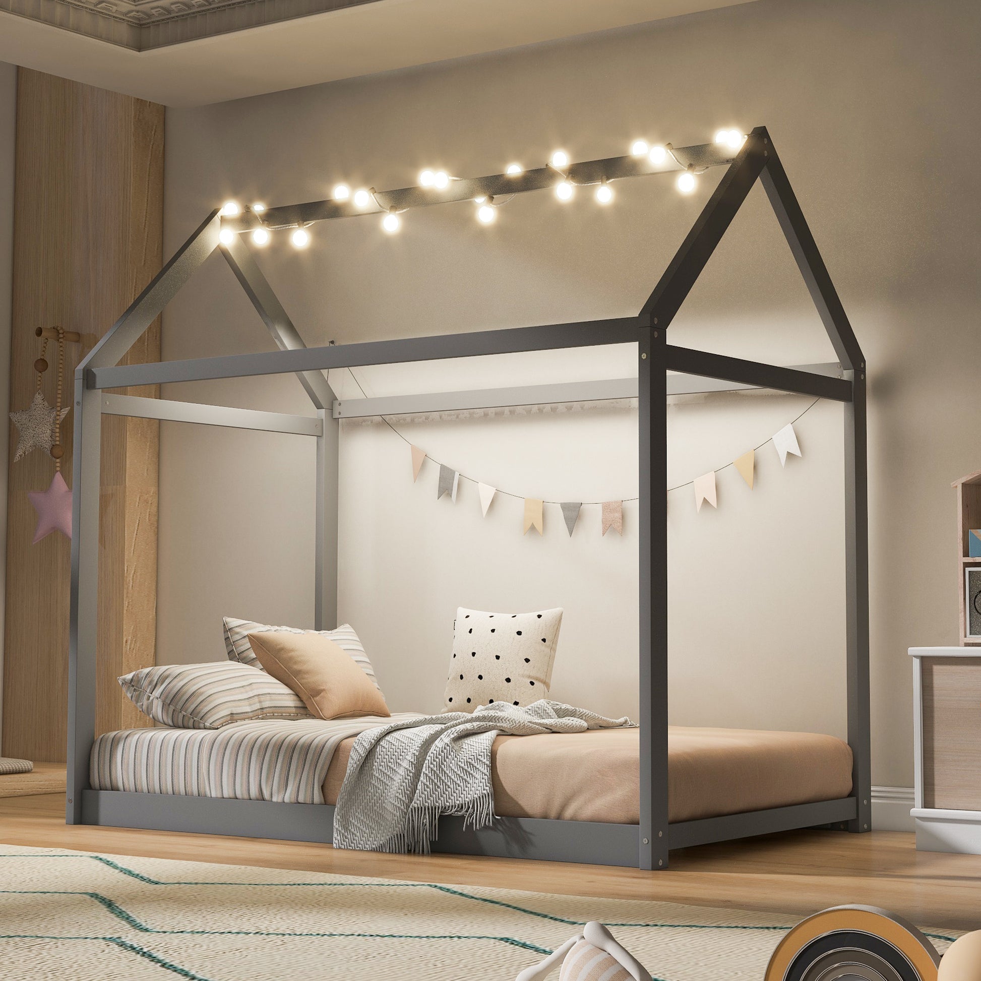 Twin Size Wooden House Bed, Gray - WF197557AAE