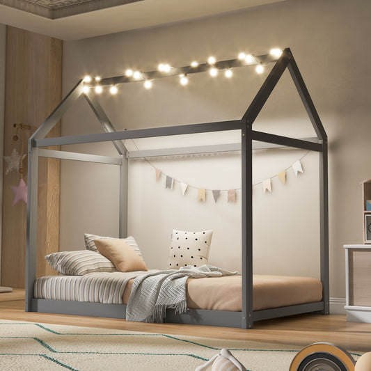 Twin Size Wooden House Bed, Gray - WF197557AAE