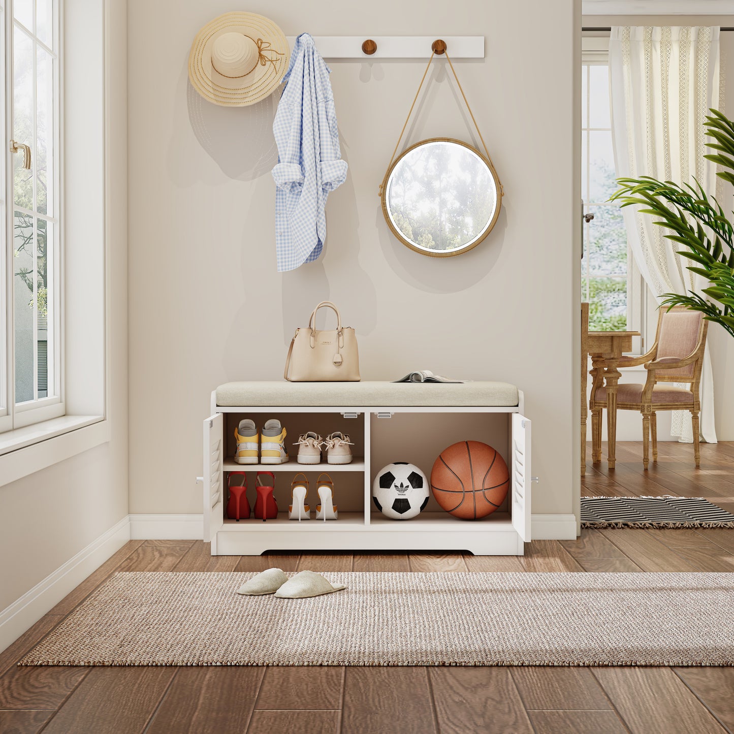 28.74"Shoe Storage Bench with 2 Door Cabinet, Entryway Bench with  White Shoe Storage, Shoe Bench with Cushion, Adjustab