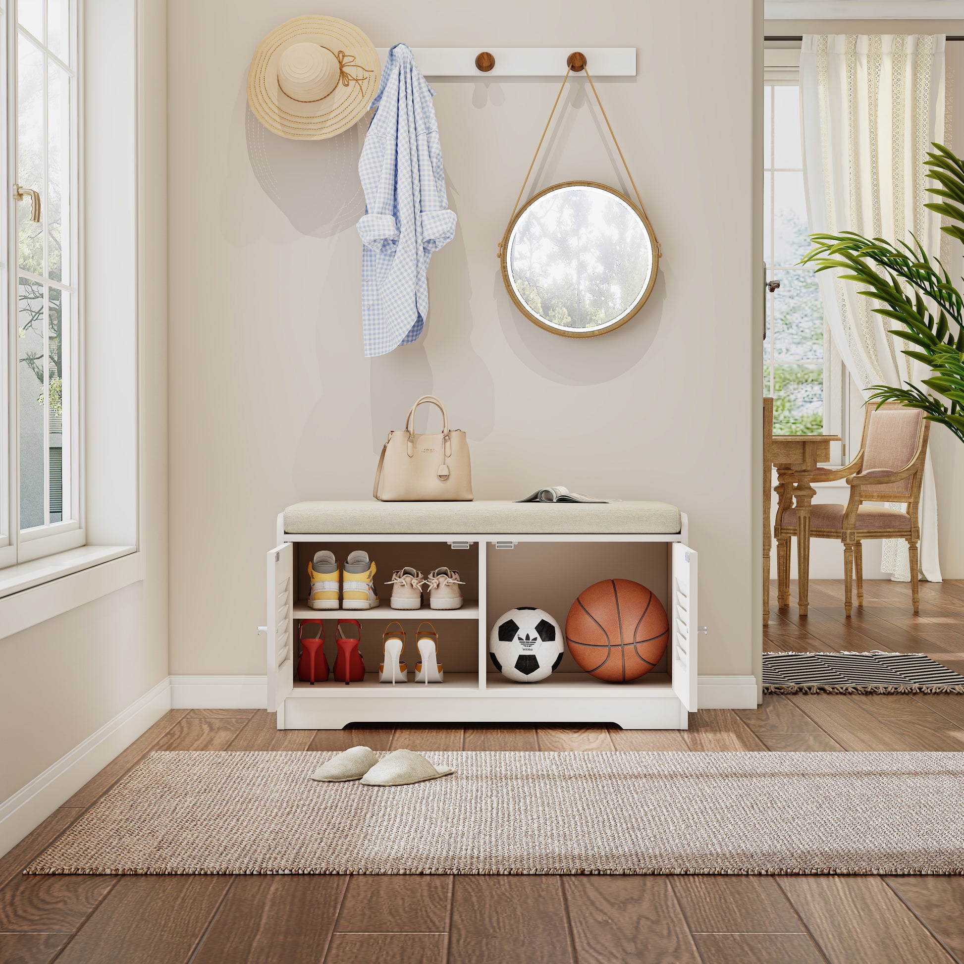 28.74"Shoe Storage Bench with 2 Door Cabinet, Entryway Bench with  White Shoe Storage, Shoe Bench with Cushion, Adjustab