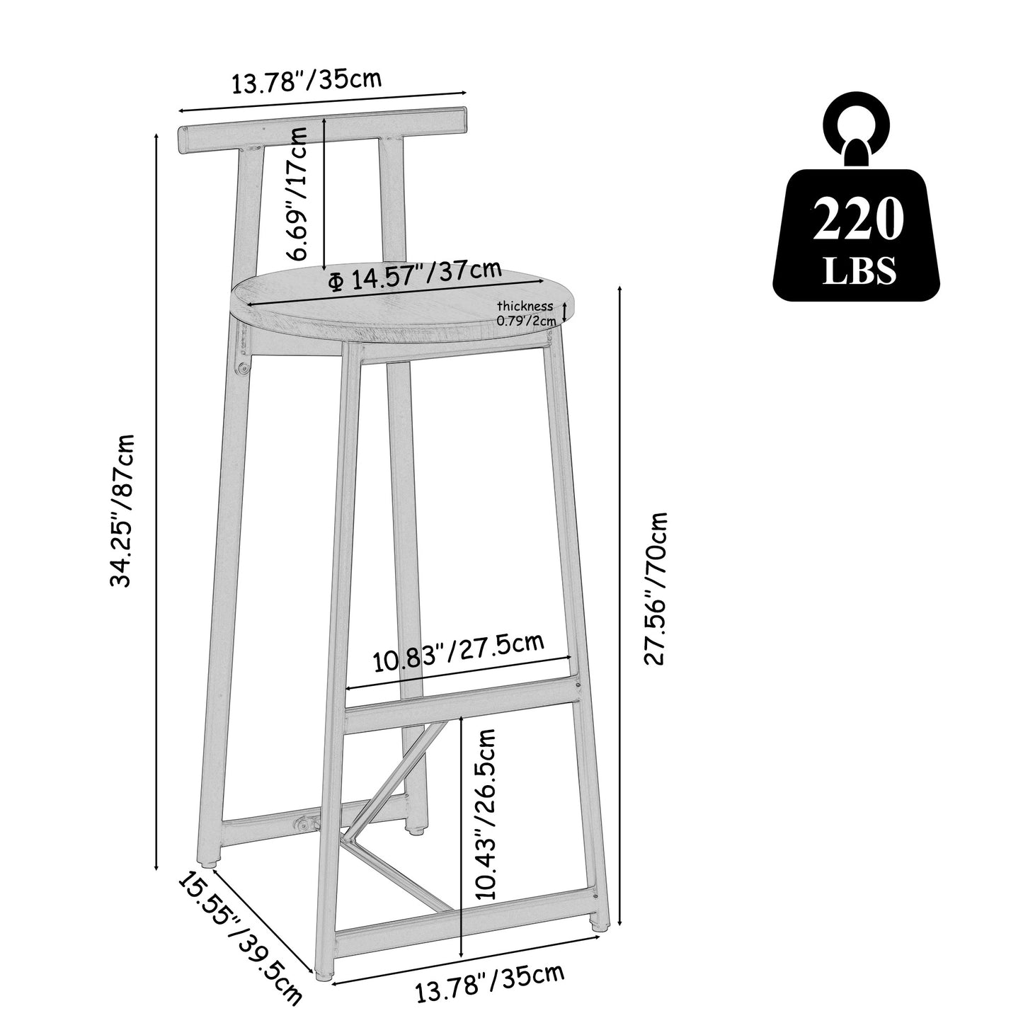Bar Stools Kitchen Island Bar Chairs Set of 3 Metal Counter Barstools with Backrest for Dining Pub Room (Black & White)