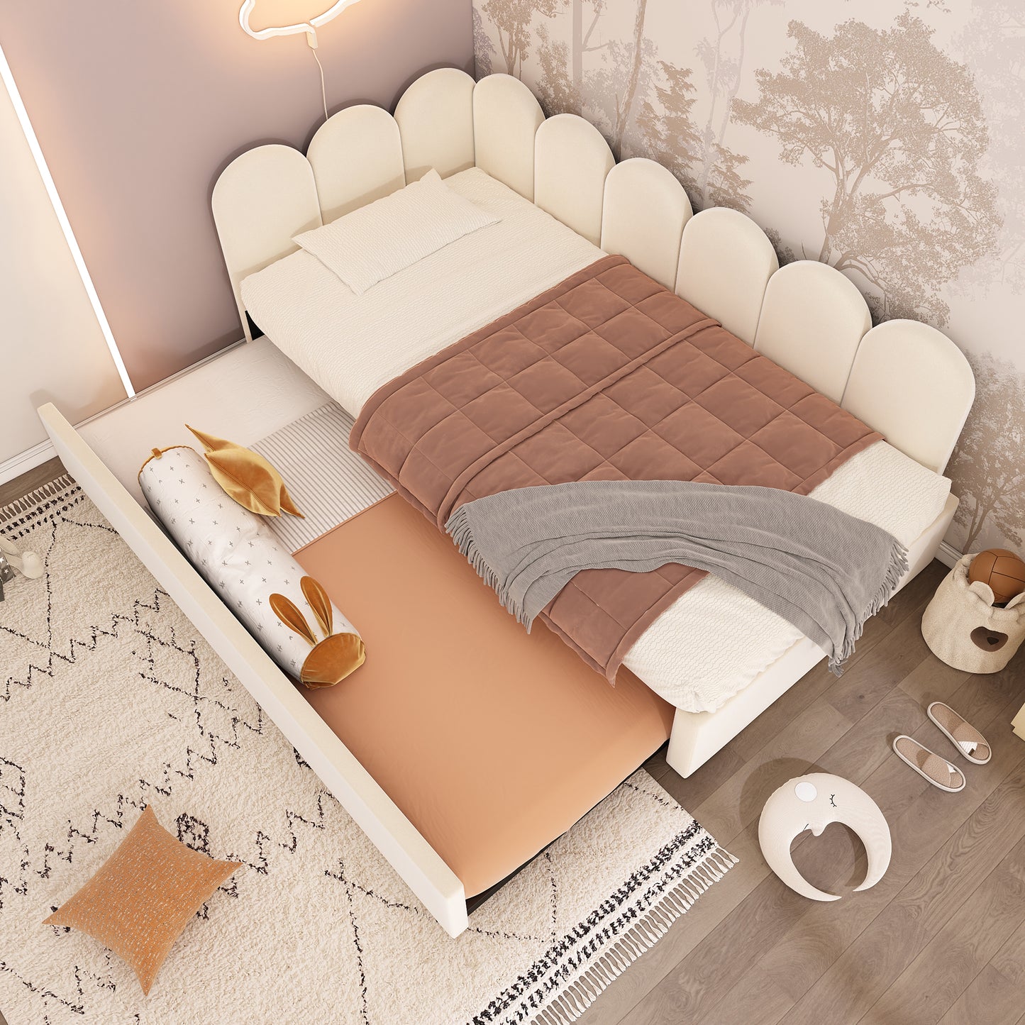 Upholstered Bed Daybed With Pull-Out Bed, Twin Size Single Sofa Bed,Guest Beds For Adults and Children, Bed With Metal Slatted Frame, Velvet, Beige (Without Mattress) - AA20362122B