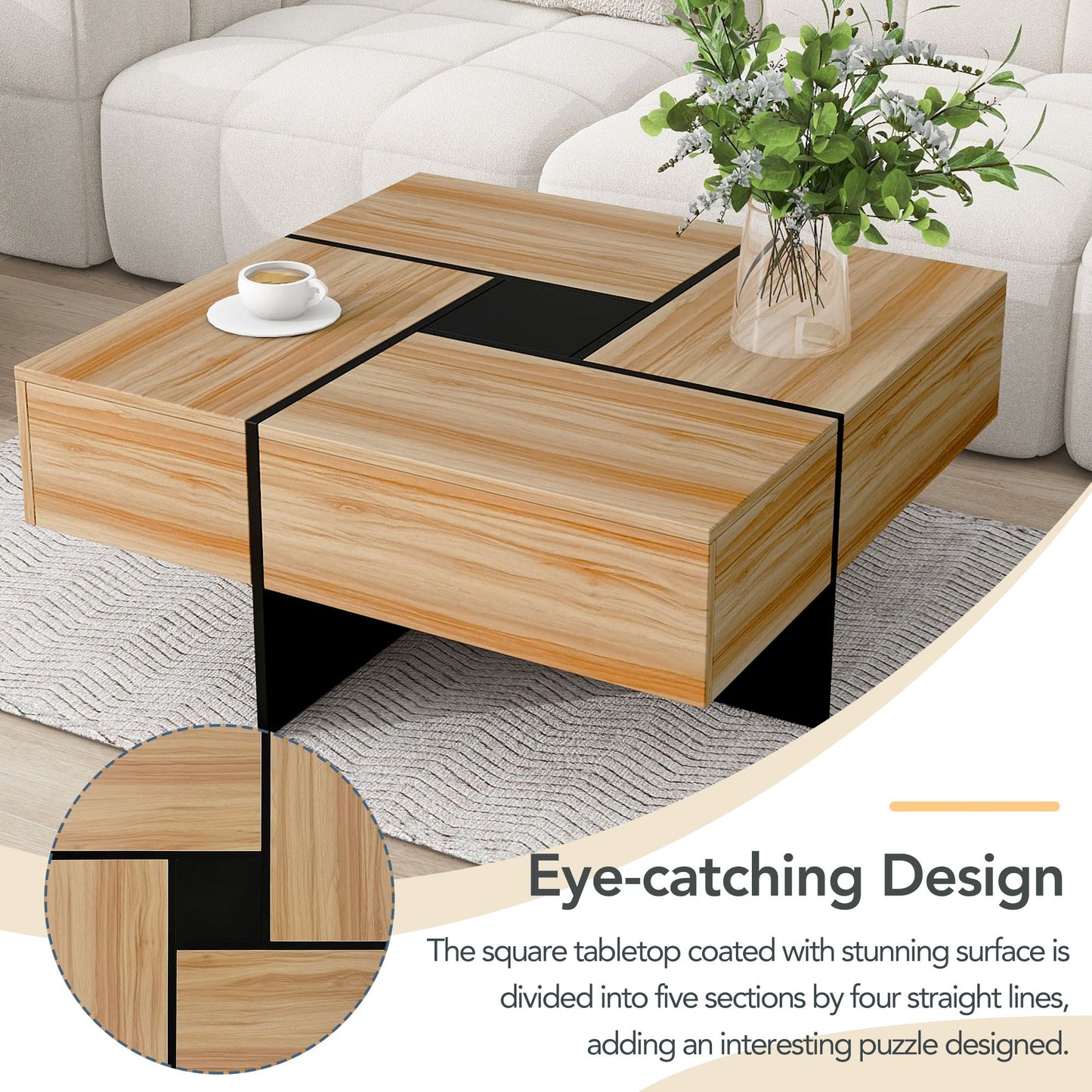 [New Picture] Unique Design Coffee Table with 4 Hidden Storage Compartments, Square Cocktail Table with Extendable Slidi