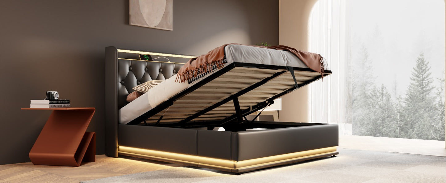 Full size Upholstered bed, 360 surround LED function, Buttons/Apps/Remote Control, hydraulic storage bed with USB Type-C