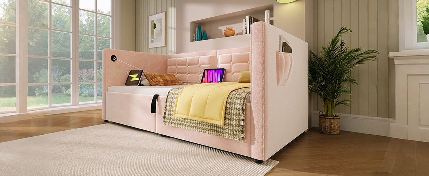 Upholstered Twin Size Daybed, Hydraulic Storage Twin Bed Frame with USB & Type-C Charging, Bed Frame with Wooden Slats a