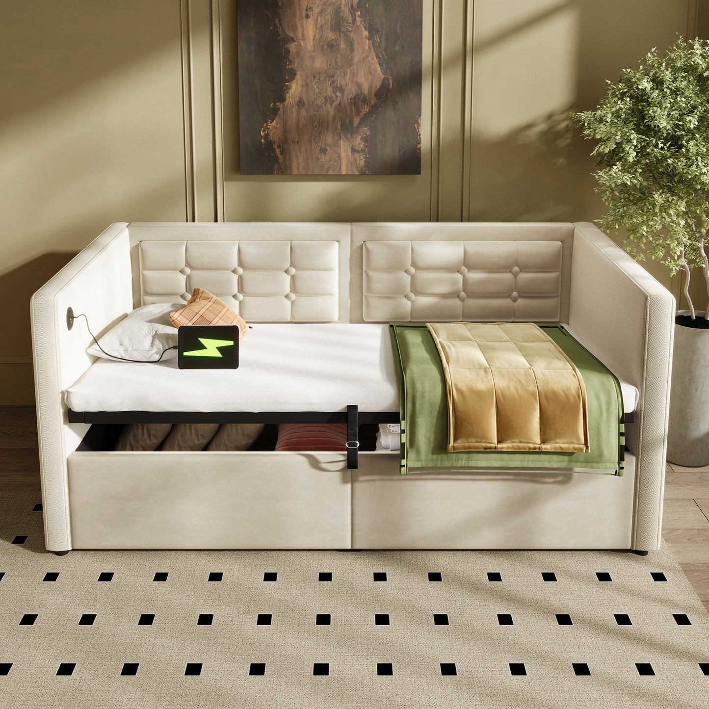Upholstered Twin Size Daybed, Hydraulic Storage Twin Bed Frame with USB & Type-C Charging, Bed Frame with Wooden Slats and Tufted Sofa Back, Beige, Velvet (Without Mattress) - N736P303402B