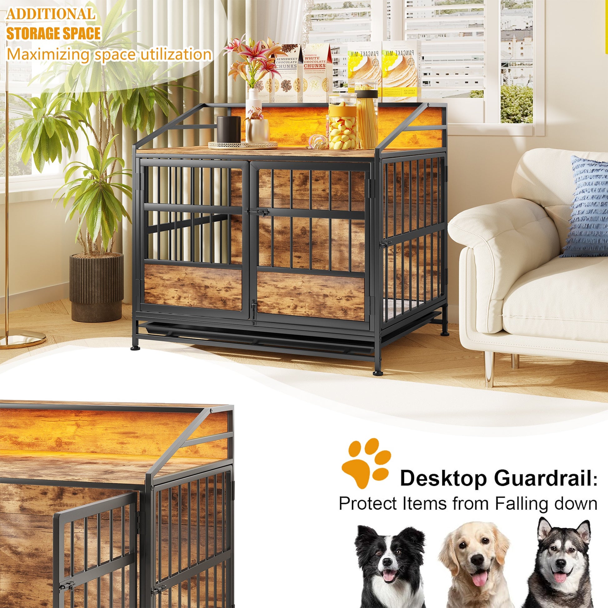 Multi-function Furniture Style Dog Crates with Storage, Dog Crate Furniture Large Wooden Dog Kennel with Double Doors, f