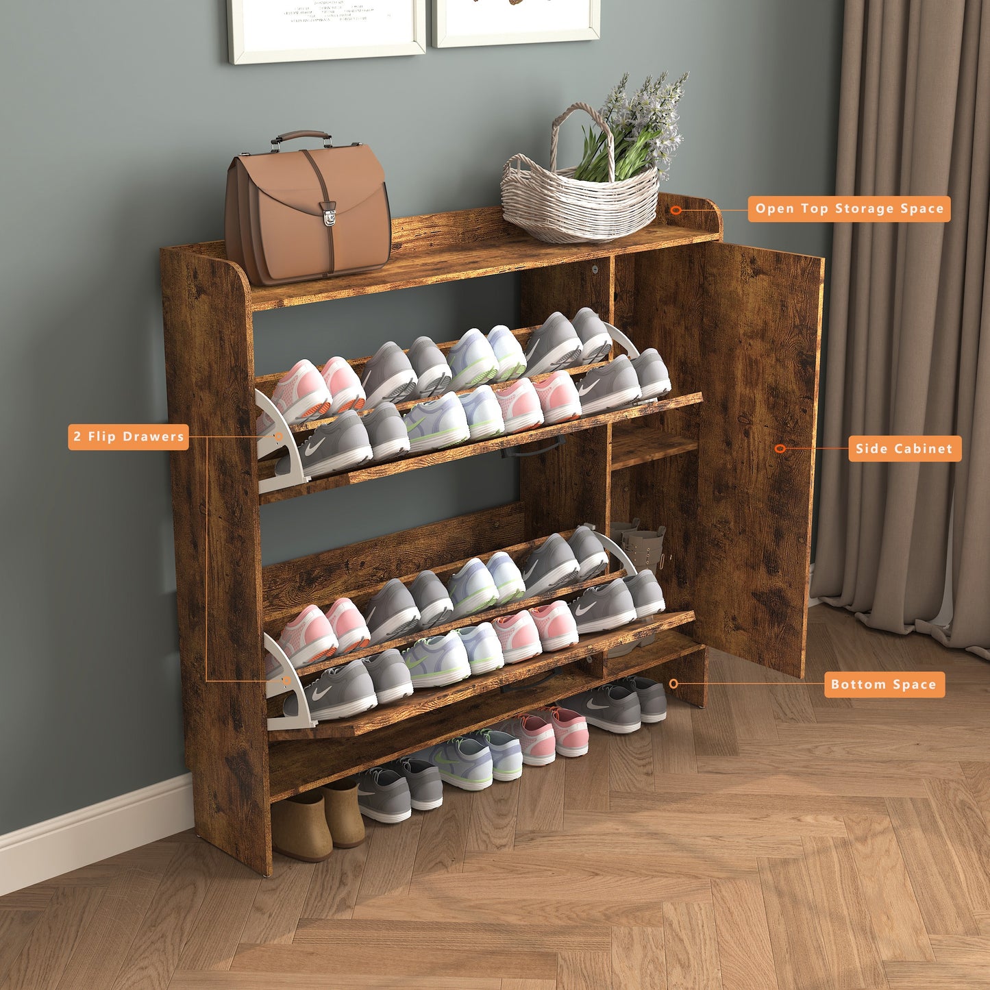 Shoe Storage Cabinet with 2 Flip Drawers, Freestanding Organizer with Metal Legs for Entryway, Narrow Shoe Rack Cabinet,