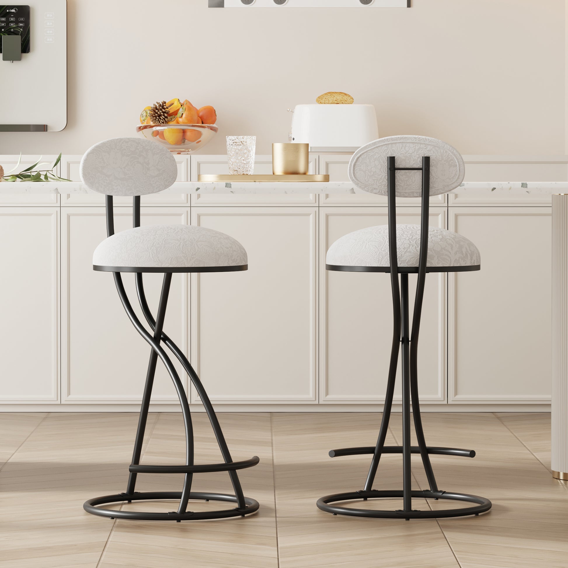 Round Print Bar Stools Set of 2 Black Metal Upholstered Chairs for Kitchen Island & Dining Rooms Counter Stools (Black & White Print) - W1757P268901