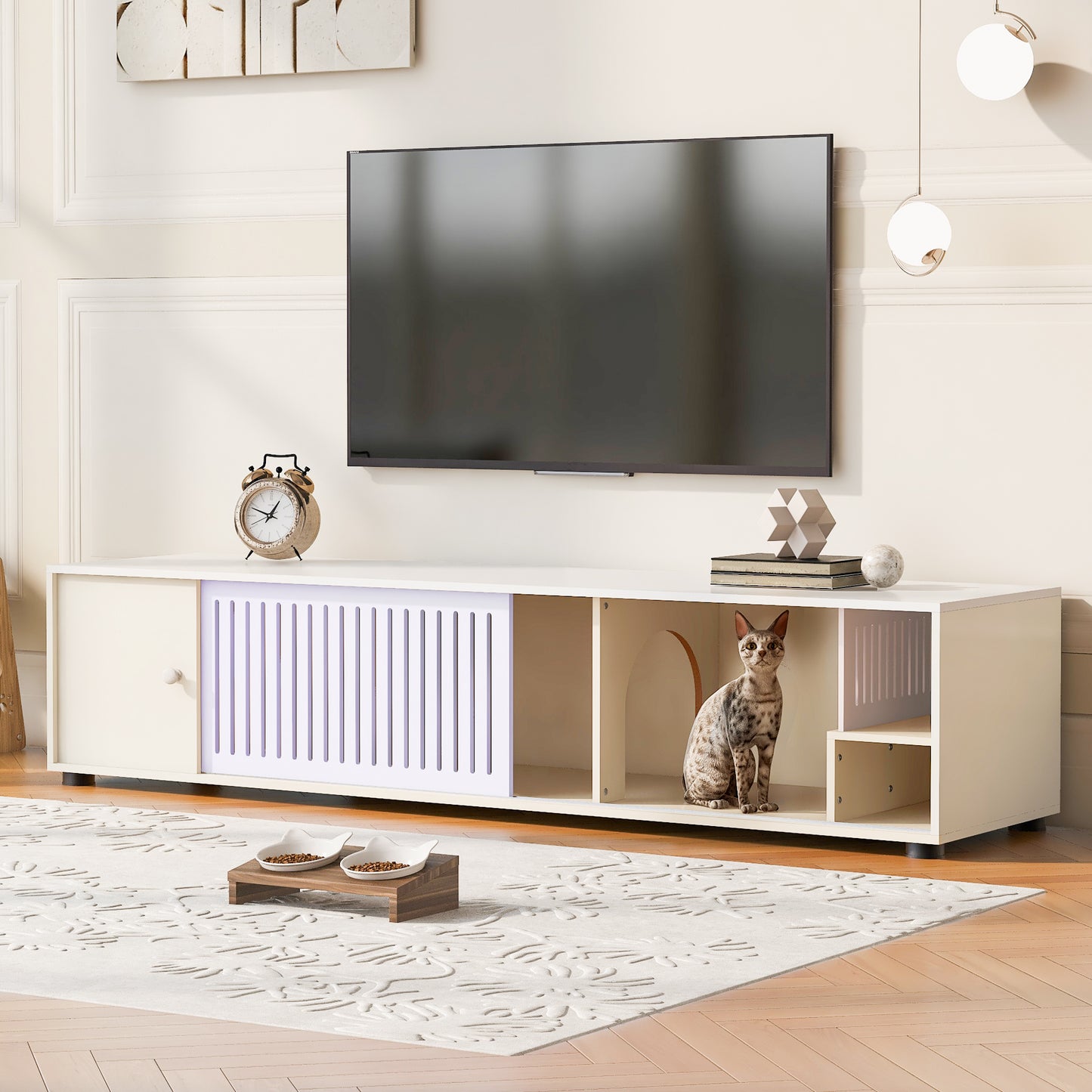 Modern Cream White TV Stand with Storage, Cat Litter Box Enclosure with Removable Sliding Door - N843P254844C