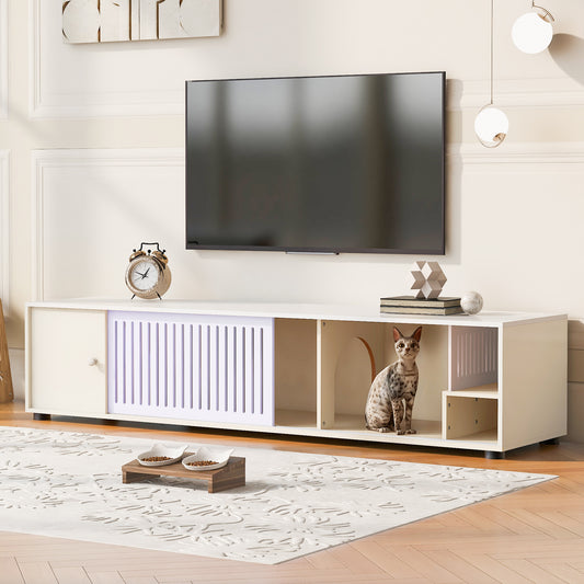 Modern Cream White TV Stand with Storage, Cat Litter Box Enclosure with Removable Sliding Door - N843P254844C