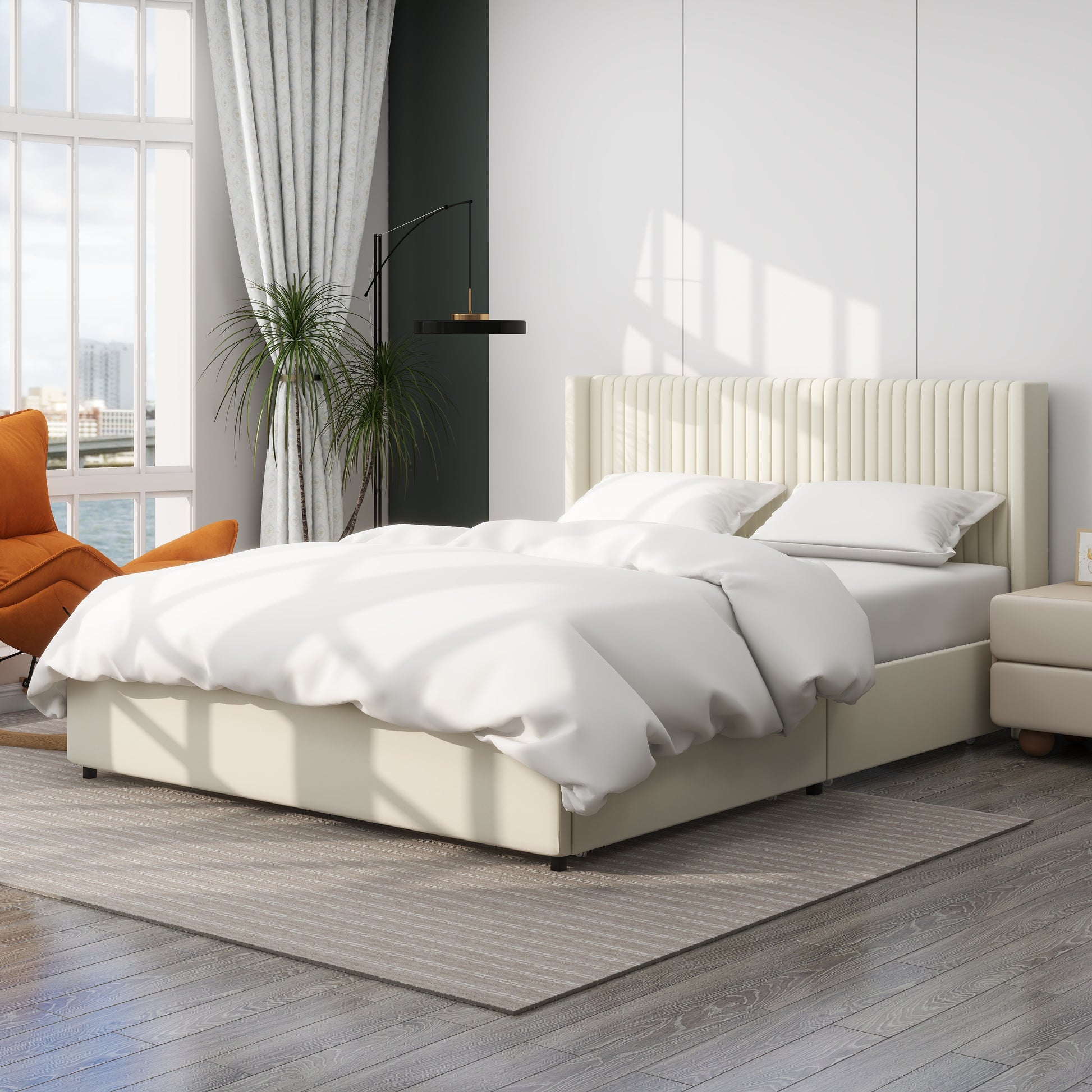 Anna Patented 2-Drawer Storage Bed Queen Size Ivory Velvet Upholstered Wingback Platform Bed, Modern Design Headboard wi