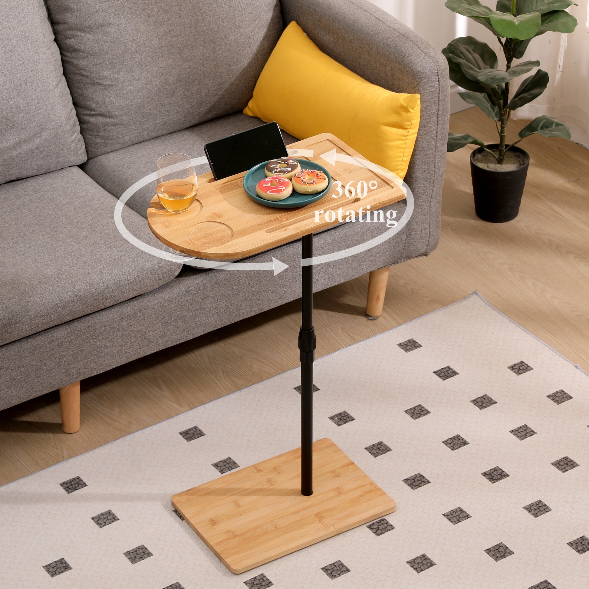 Couch Tray Table Bamboo Height Adjustable Side Table for Sofa C-shaped Oval End Tables with Slots for Bed & Chairs in Li